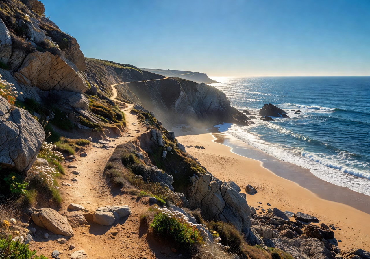 Beautiful coastal hiking trail bathed in sunlight