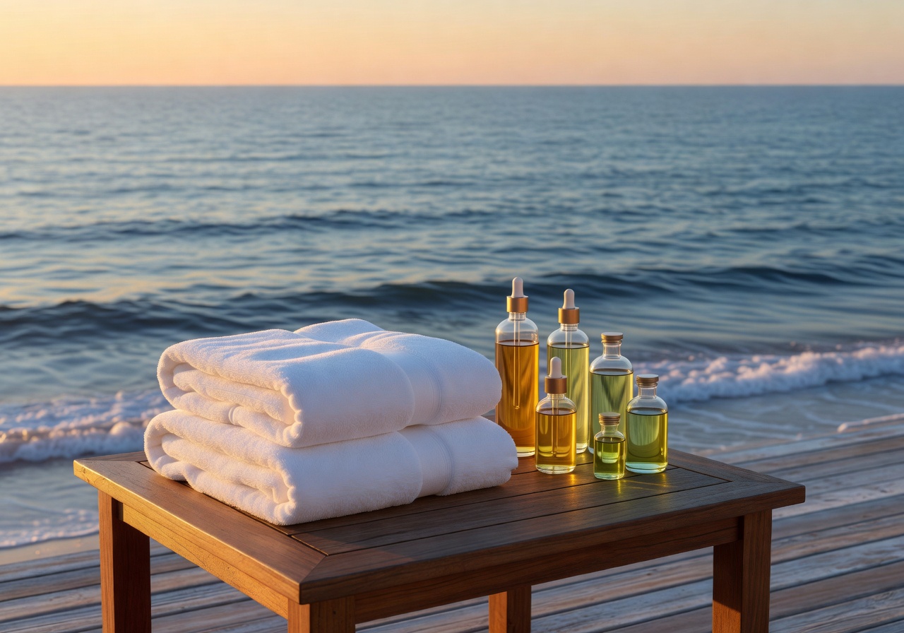 Calm spa setting with towels and massage oils by the ocean