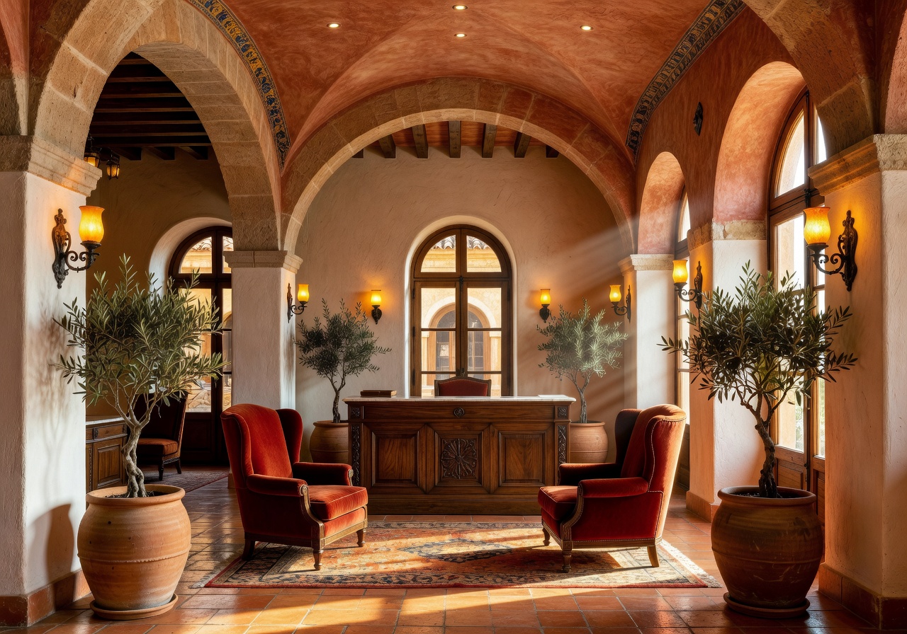 Elegant hotel lobby with Mediterranean architecture and warm lighting