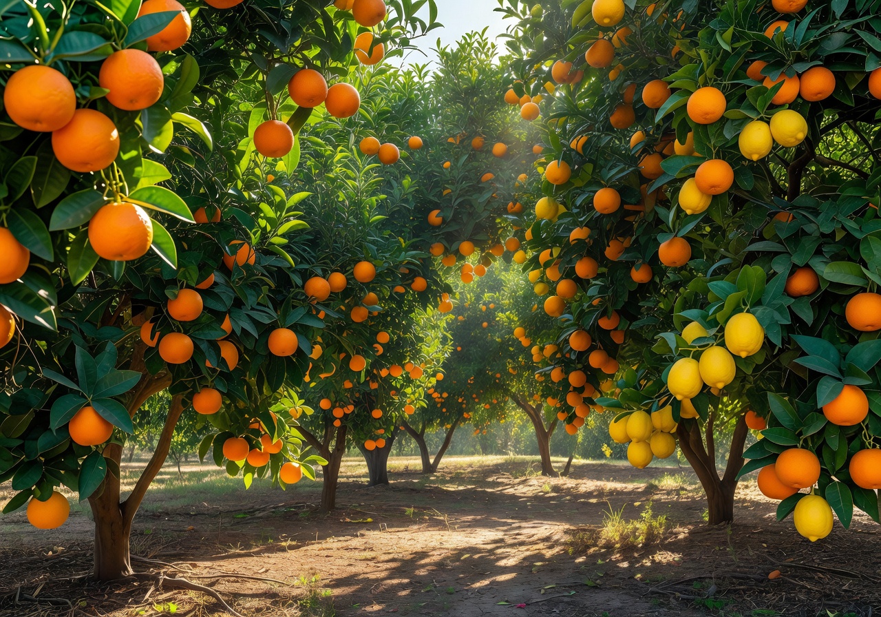 Fresh citrus fruits growing on trees in a sunlit grove