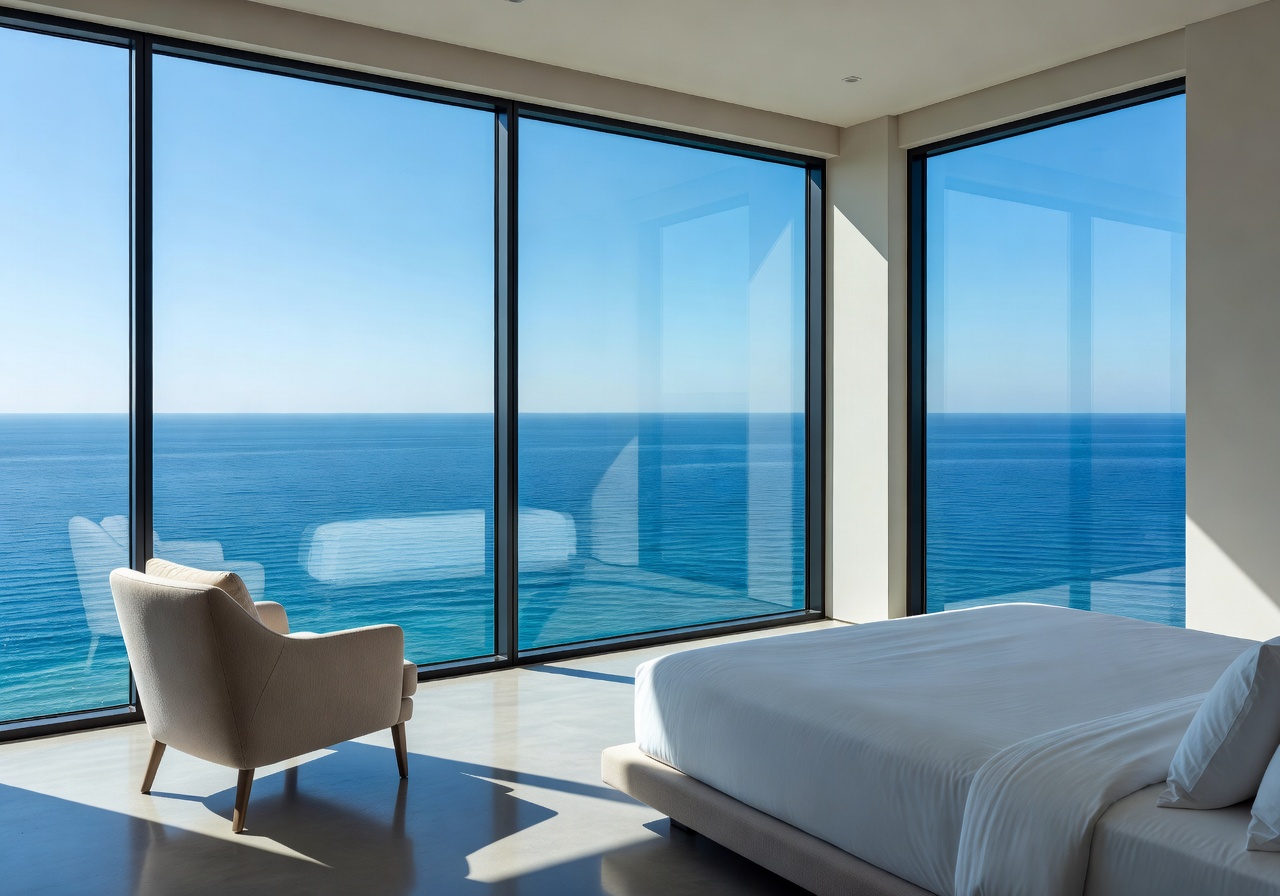 Hotel room with wide windows revealing a clear blue ocean view