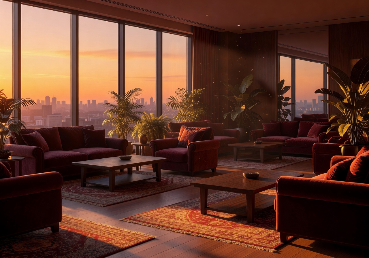 Lounge area bathed in golden hour sunset light