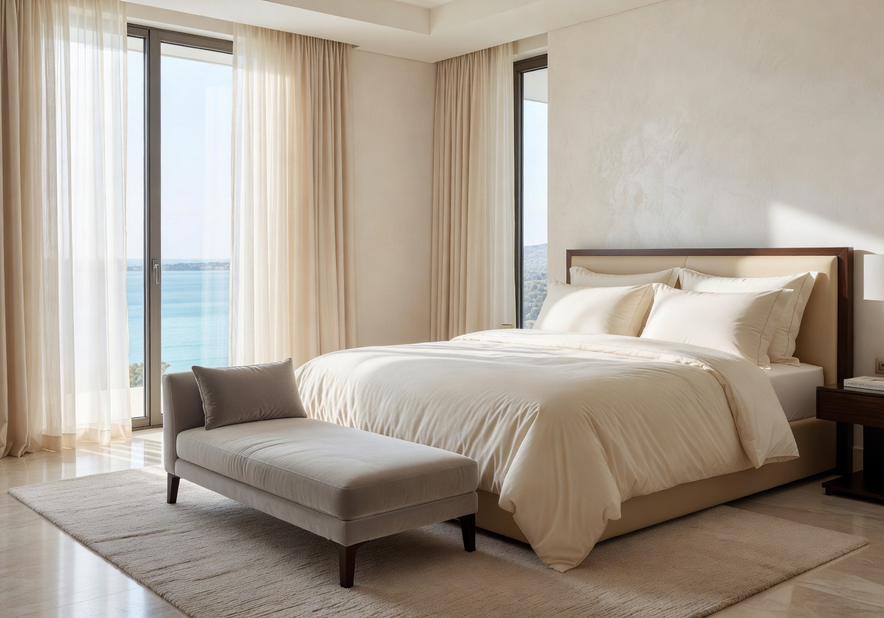 Luxury hotel suite with natural lighting and soft linens