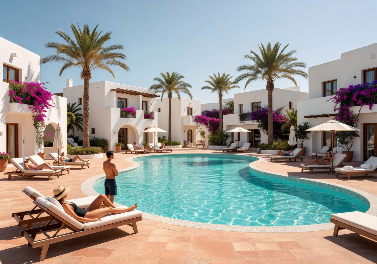 Sunny resort pool surrounded by white coastal architecture